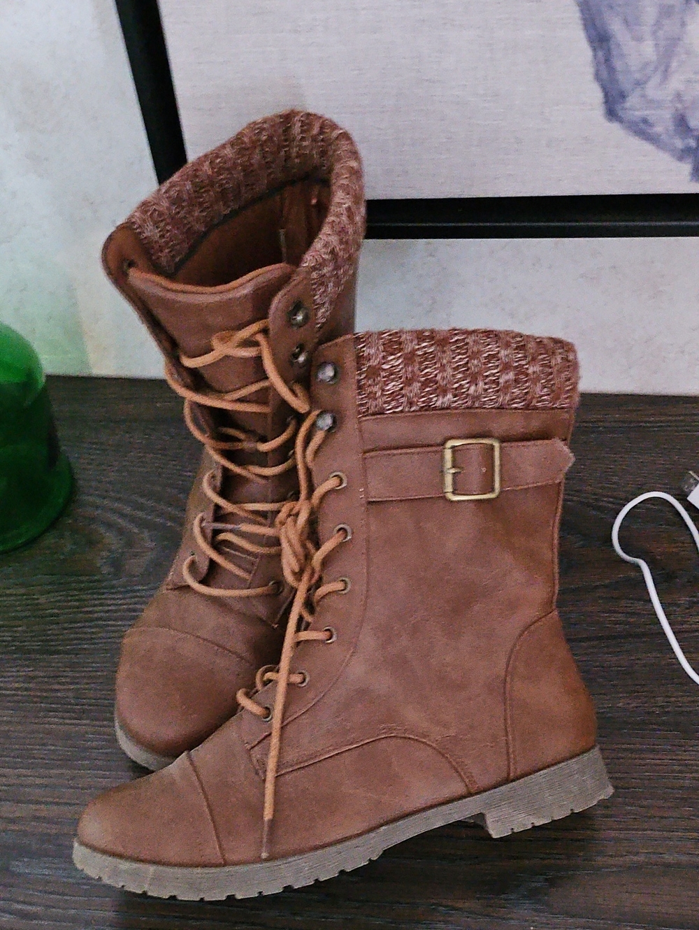 Women’s Lace-Up Knit-Cuff Combat Boots - Brown